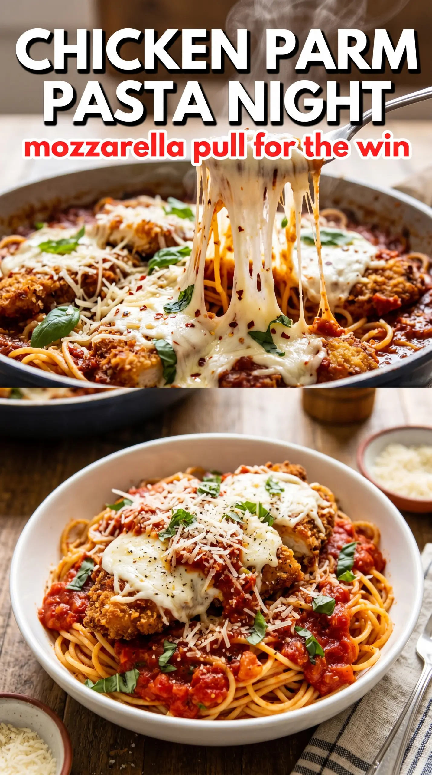 Chicken Parmesan Pasta with penne, mozzarella, and crispy chicken