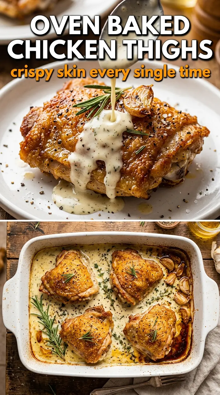 Creamy Oven Baked Chicken Thighs garlicky creamy crispy