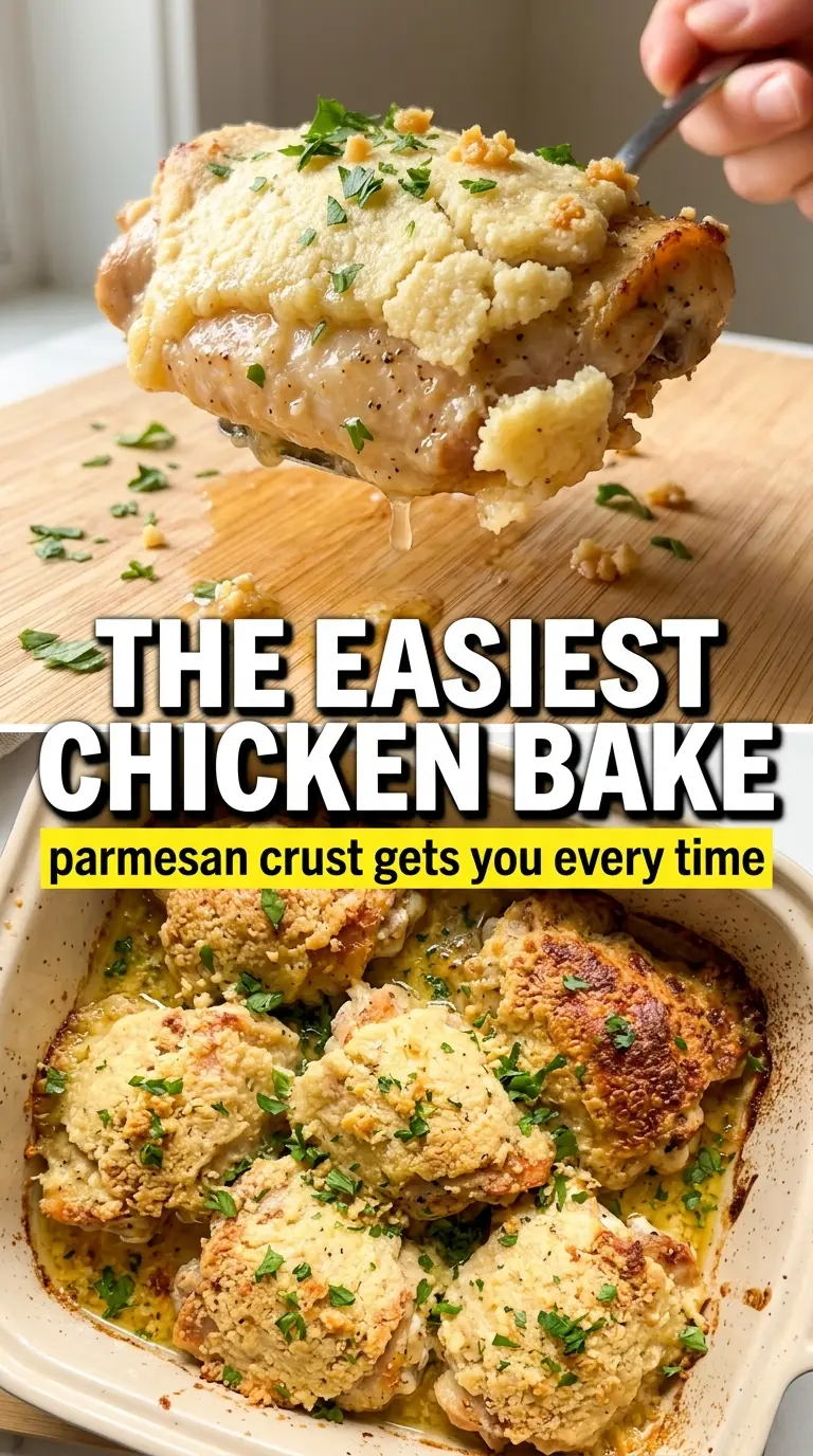 Garlic Parmesan Chicken Bake golden crust, baked chicken, crispy topping