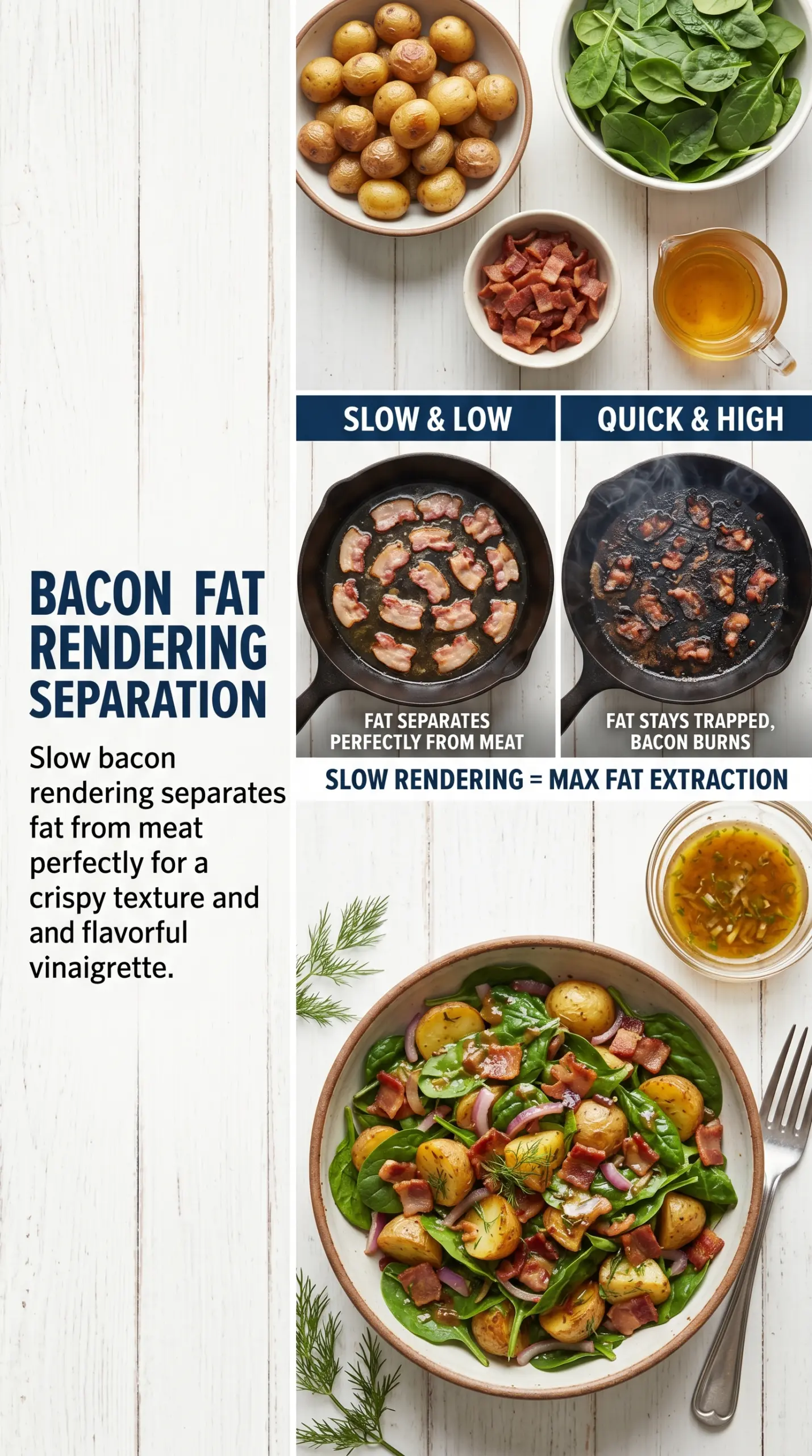 Warm Spinach Potato Salad with Bacon Vinaigrette, wilted spinach, crispy bacon