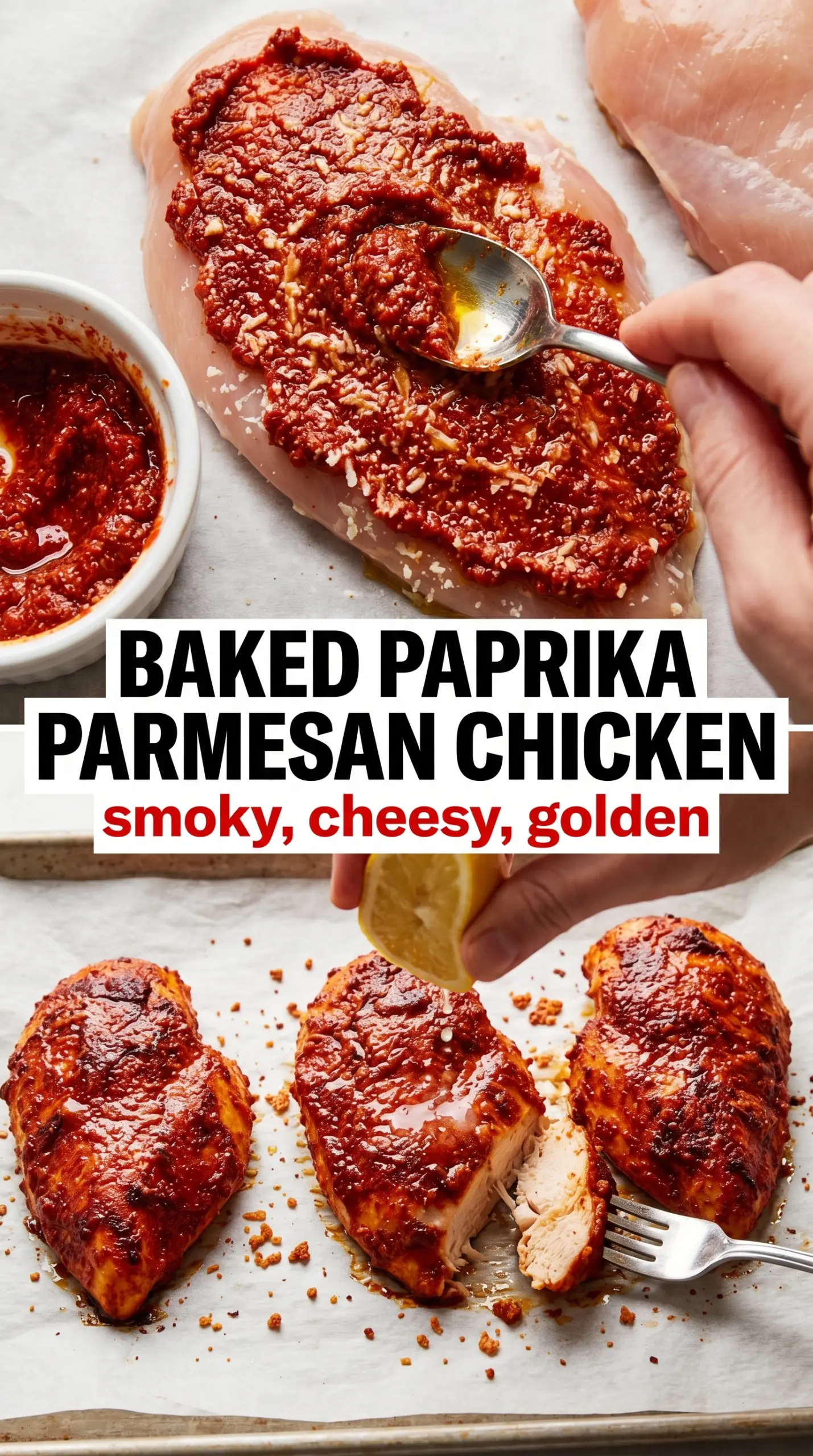 Baked Paprika Parmesan Chicken with crispy paprika crust, golden Parmesan, juicy chicken