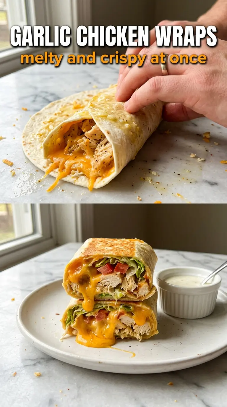 Cheesy Garlic Chicken Wraps with melted cheese, toasted tortilla, and fresh filling