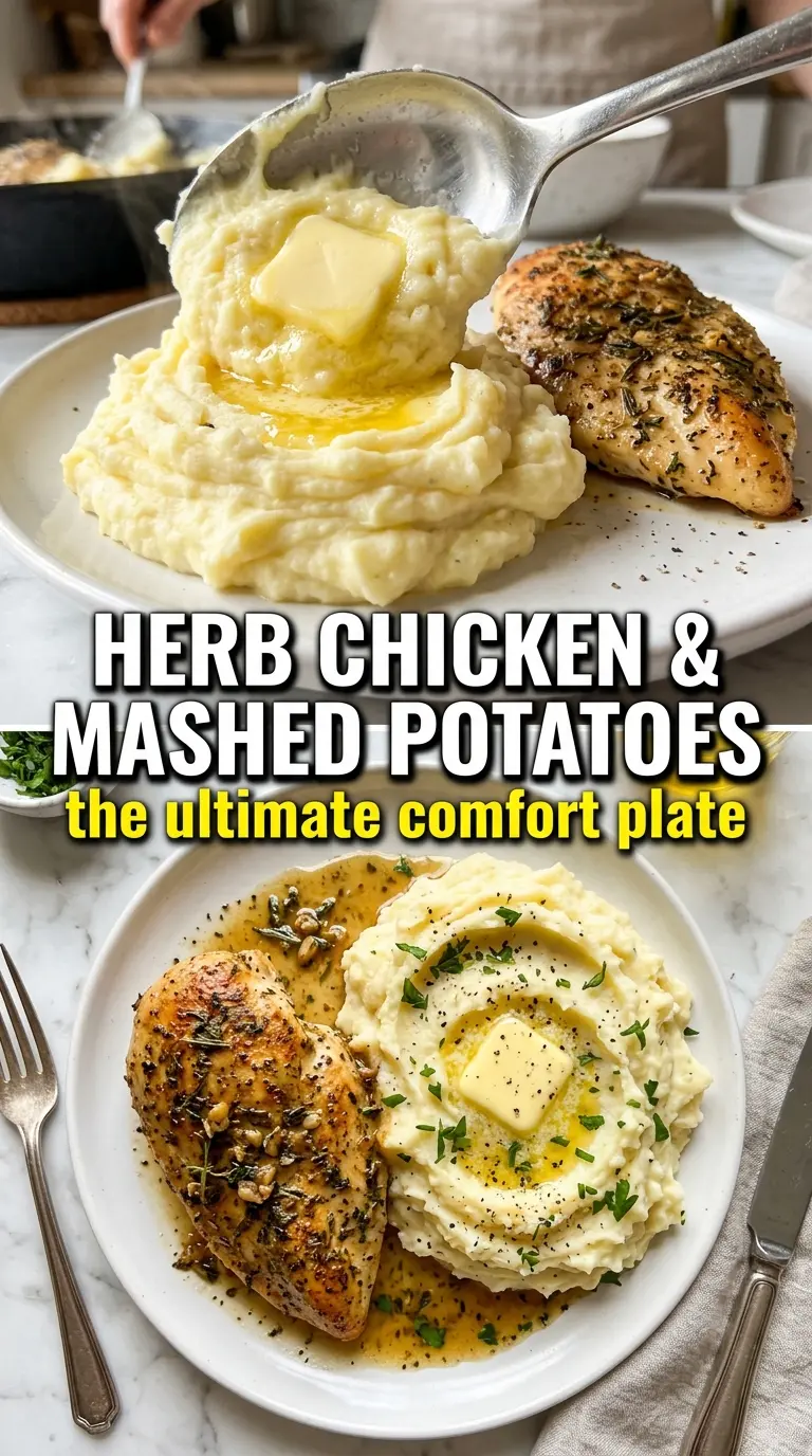 Garlic Herb Chicken Breast with Mashed Potatoes, golden seared, creamy, comforting