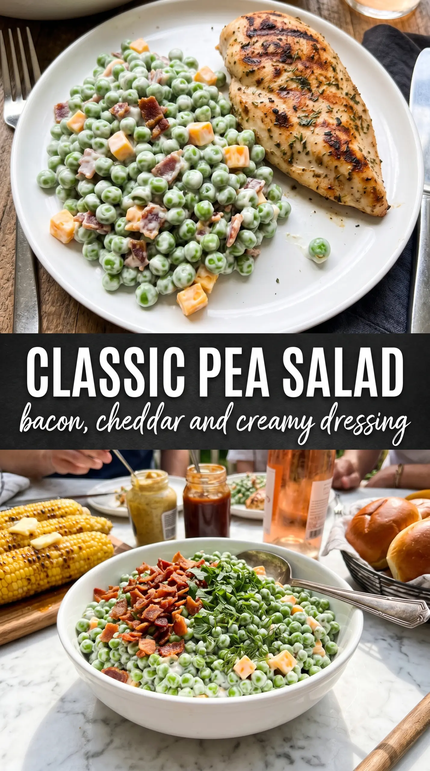 Creamy pea salad with bacon and cheddar, tangy and crisp