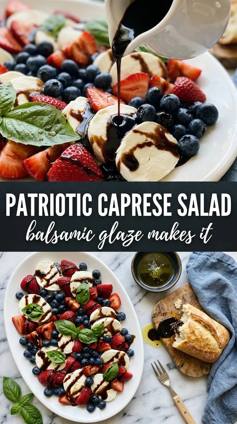 Red, White & Blue Caprese Salad with tomatoes, mozzarella, blueberries