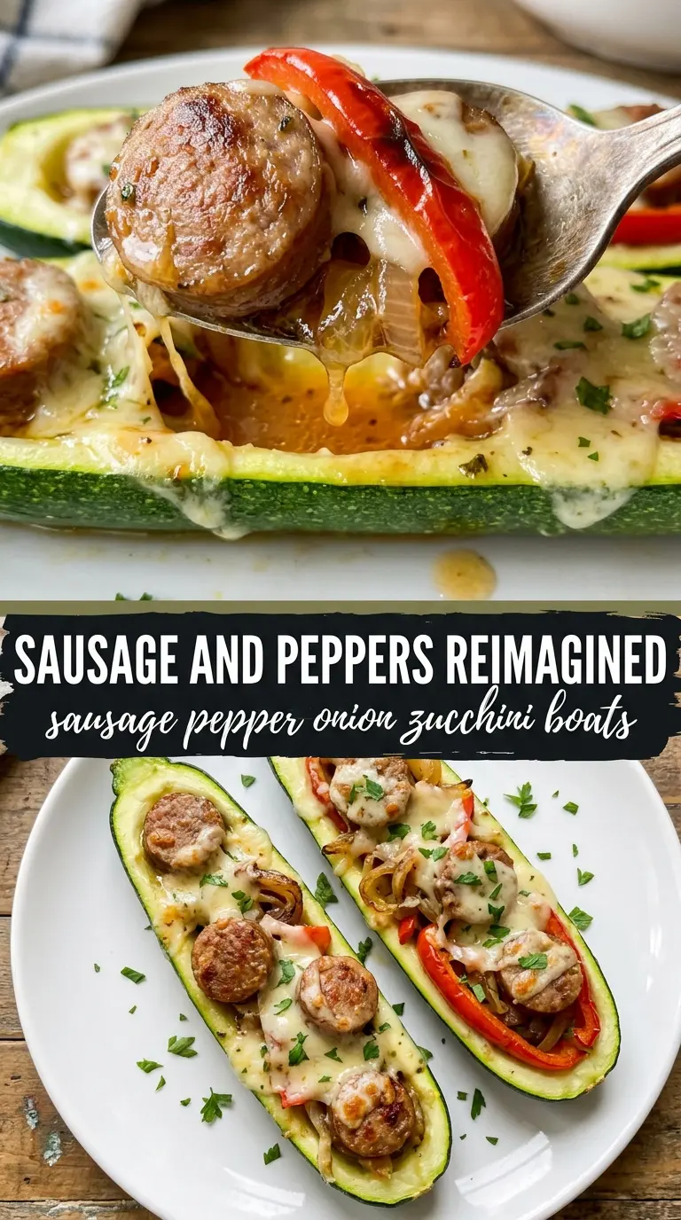 Sausage, pepper, and onion stuffed zucchini boats golden cheesy
