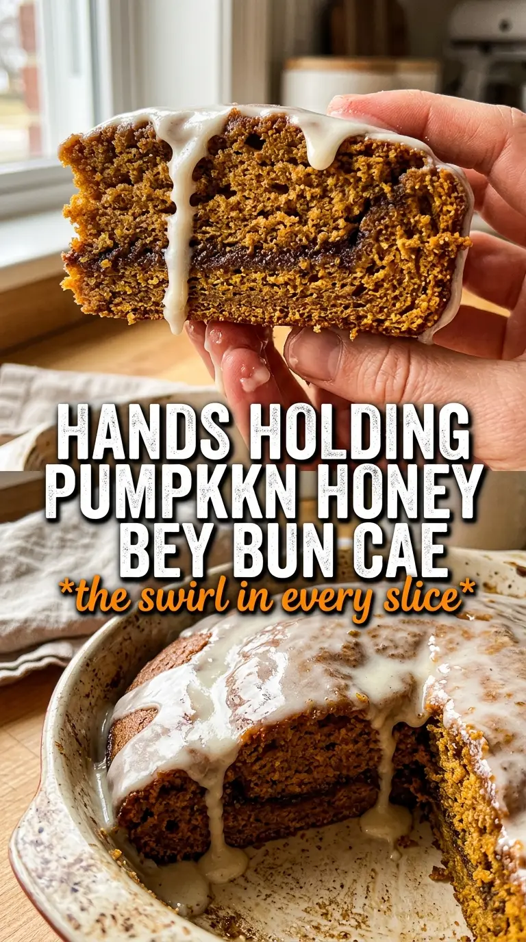 Pumpkin Honey Bun Cake with cinnamon swirl and vanilla glaze